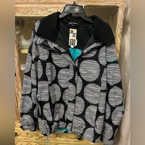 Roxy Snowboard Ski Winter 8K Black White Circle Abstract Print Jacket Sz Large